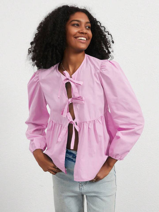 CM-TS866782 Women Casual Seoul Style Print Ruffle Hem Tie Long Sleeve Shirt - Pink