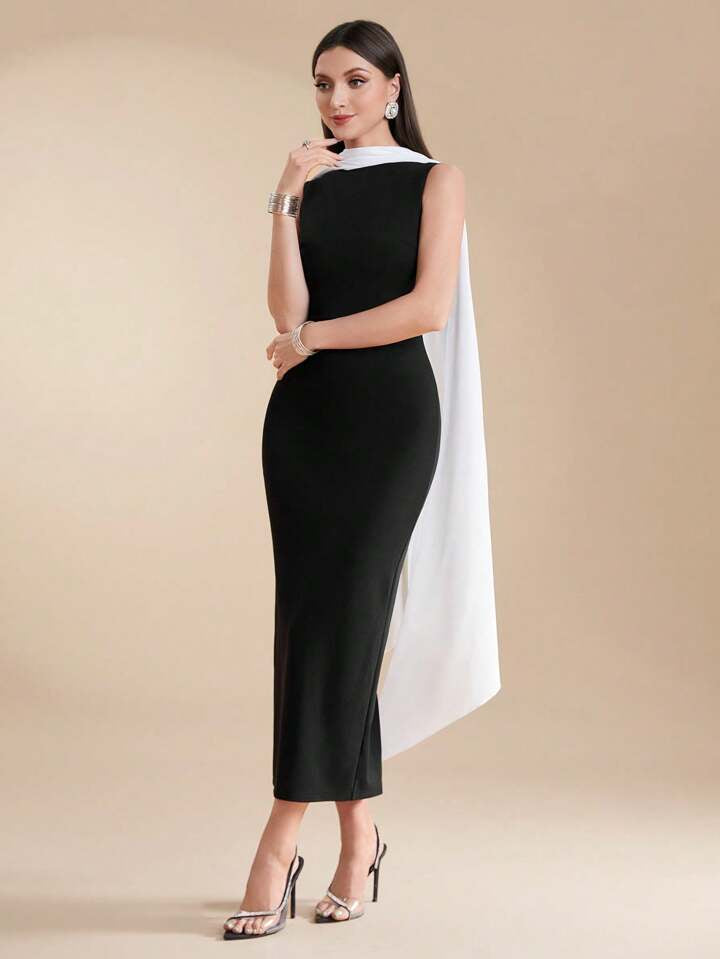 CM-DS164382 Women Elegant Seoul Style Colorblock Slim Fit Sleeveless Midi Dress - Black