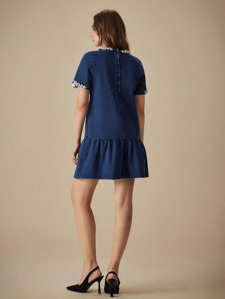 CM-DS884745 Women Casual Seoul Style Diamond Decor Round Neck Short Sleeve Denim Midi Dress - Blue