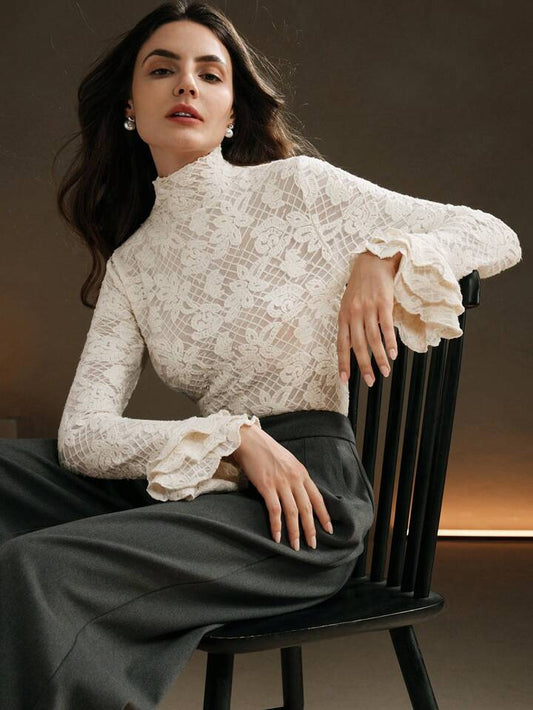 CM-TS929621 Women Elegant Seoul Style Stand Collar Long Sleeve Ruffle Cuff Fitted Crochet Blouse - Apricot