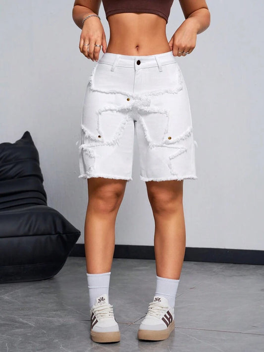CM-BS881838 Women Casual Seoul Style Patchwork Frayed Hem Bermuda Denim Shorts - White