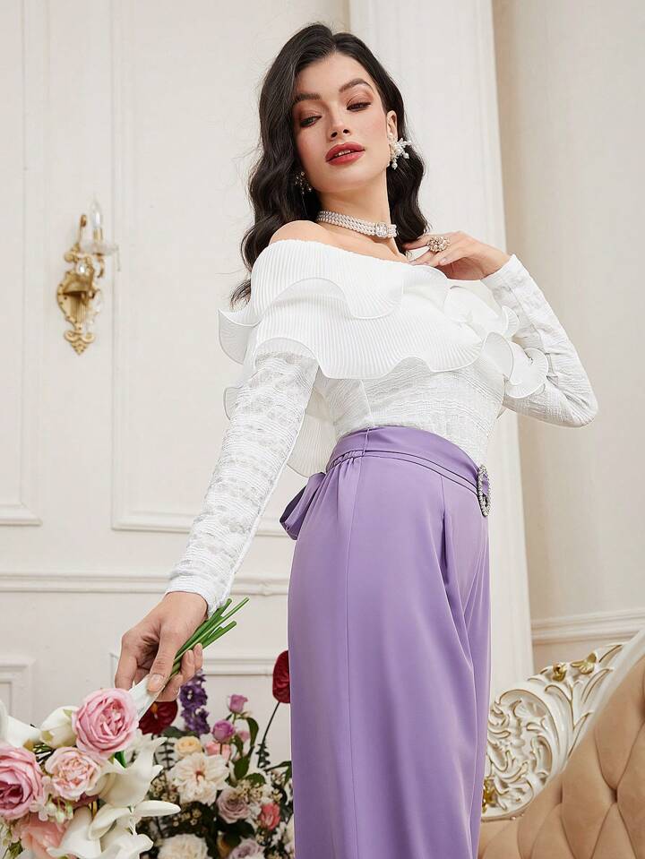 CM-TS342923 Women Elegant Seoul Style Off Shoulder Tiered Layer Long Sleeve Top - White