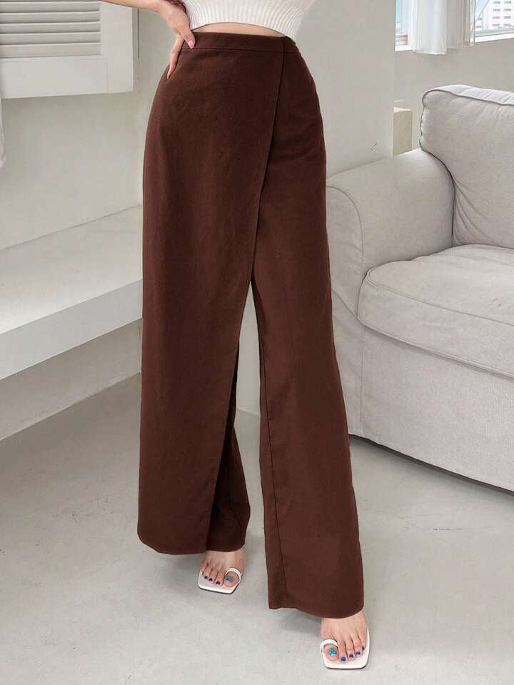 CM-BS005160 Women Casual Seoul Style Asymmetric Loose Fit Wide Leg Pants - Coffee Brown