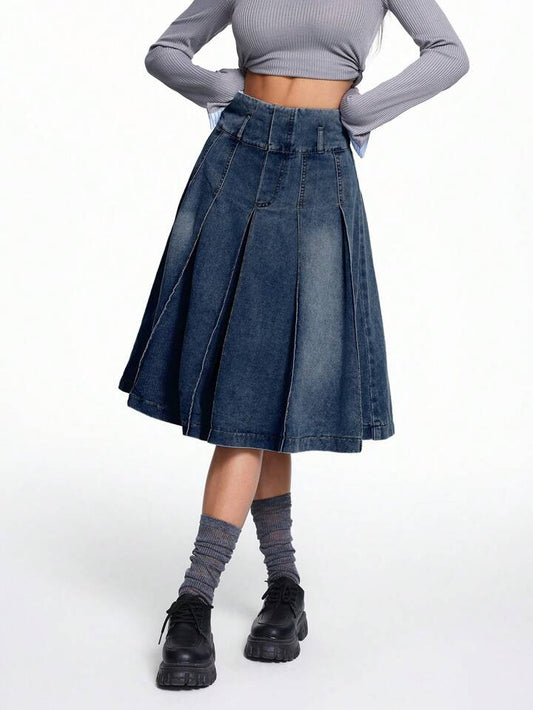CM-BS434184 Women Casual Seoul Style Dark Wash Knee Length Denim A-Line Pleated Skirt