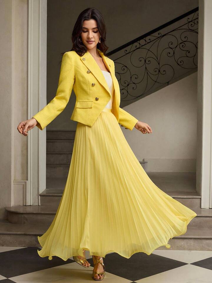 CM-BS180003 Women Elegant Seoul Style Ultra High Waist Pleated Flowy A-Line Long Skirt - Yellow