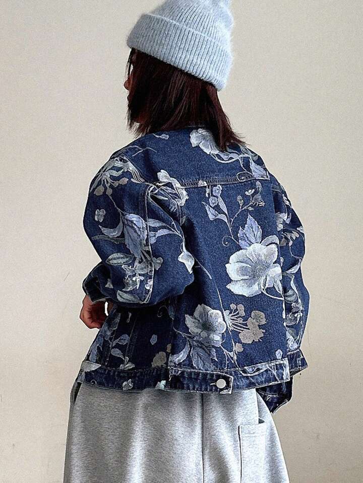 CM-CS547400 Women Casual Seoul Style Medium Wash Floral Printed Single Breasted Long Sleeve Denim Jacket