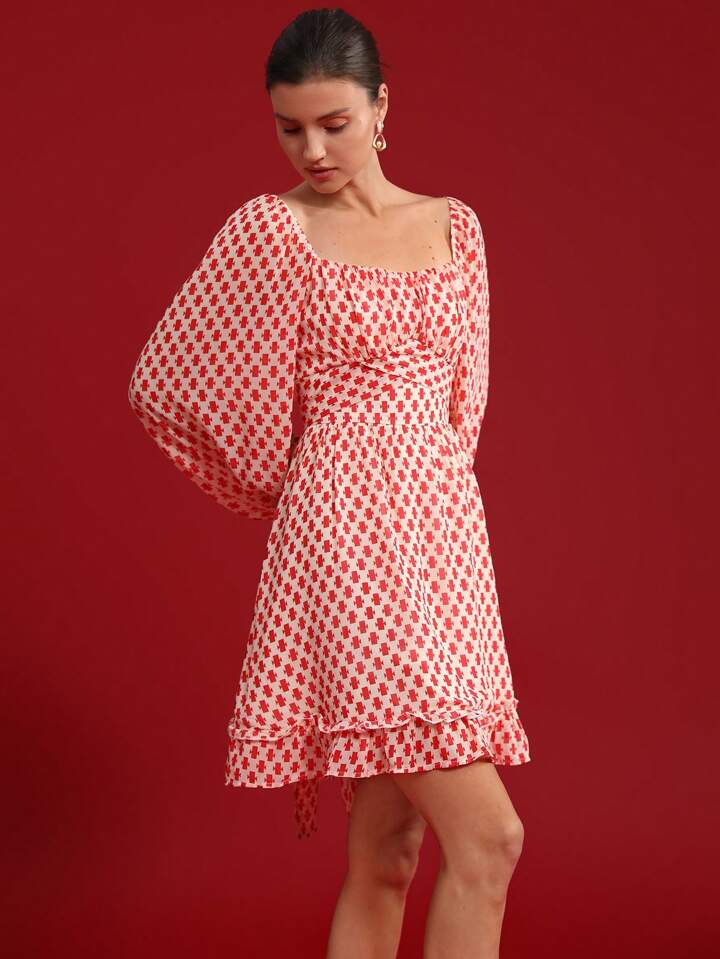 CM-DS515289 Women Elegant Seoul Style Square Neck Geometric Print Long Sleeve Peplum Hem Midi Dress