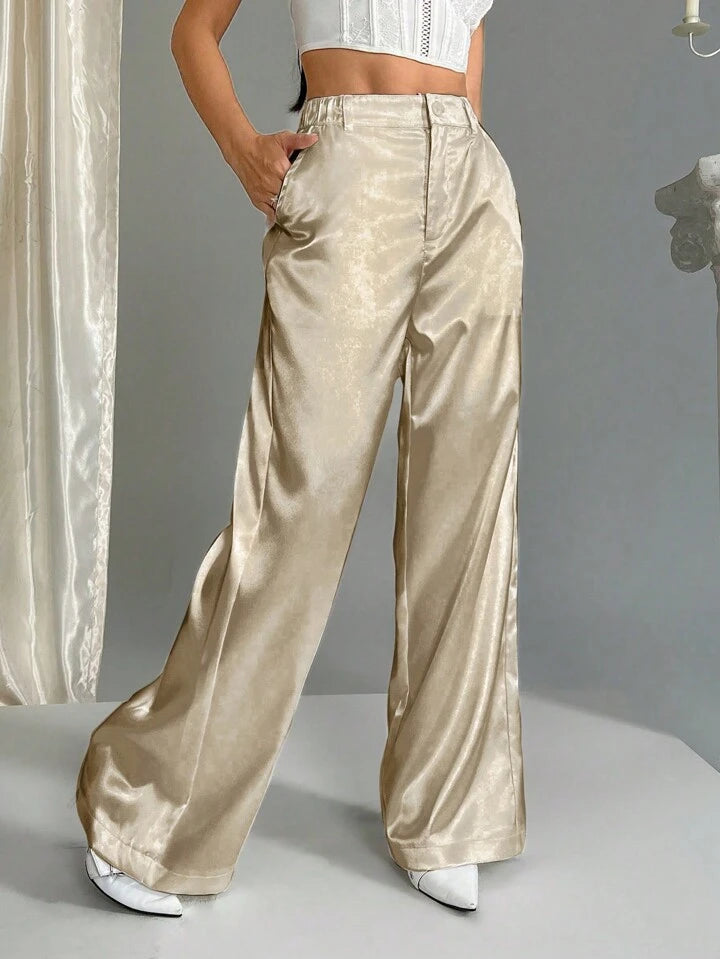 CM-BS393169 Women Casual Seoul Style Satin Elastic Waist Wide Leg Palazzo Pants - Apricot