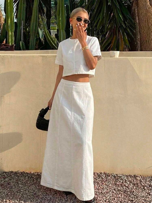 CM-SS600501 Women Casual Seoul Style Round Neck Short Sleeve Cropped Top With High Waist A-Line Long Denim Skirt - Set