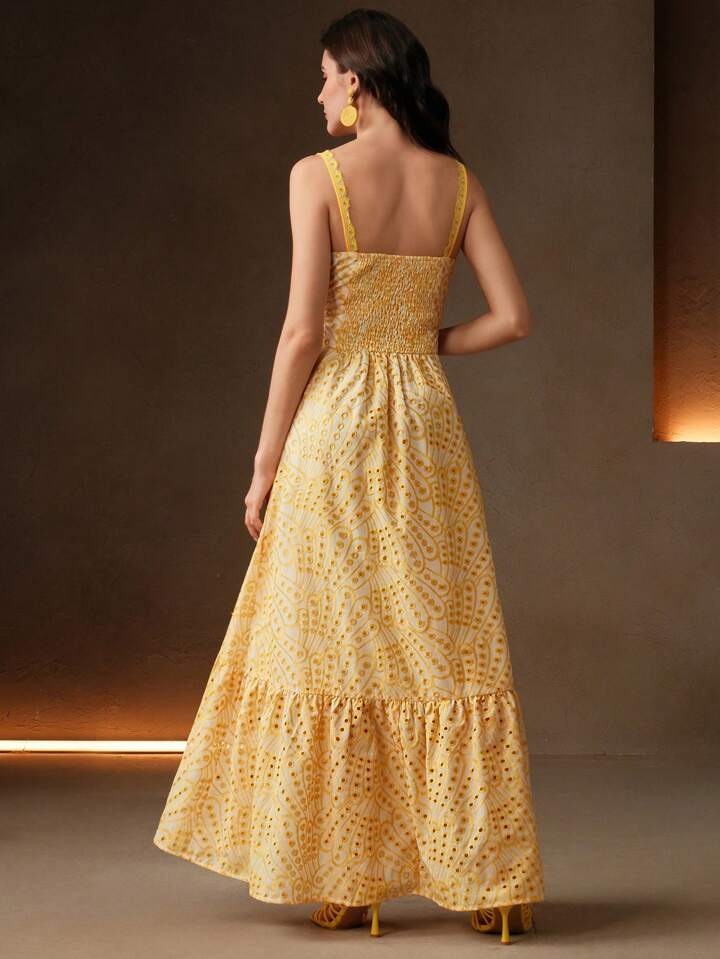 CM-DS174004 Women Elegant Seoul Style Ruffled Hollow Out Embroidered Waist A-Line Long Dress - Yellow