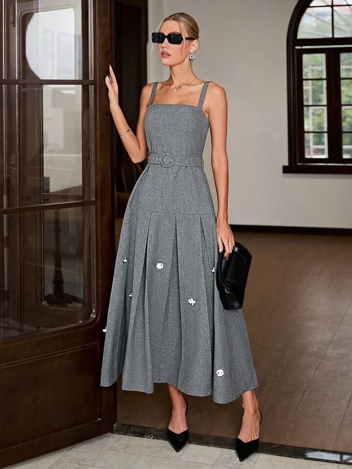 CM-DS414944 Women Elegant Seoul Style Spaghetti Strap Sleeveless Beaded Dress - Dark Gray