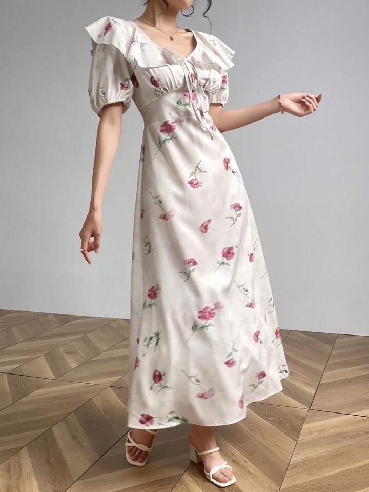 CM-DS767606 Women Casual Seoul Style V-Neck Puff Sleeve Ruffle Hem Floral Print Dress