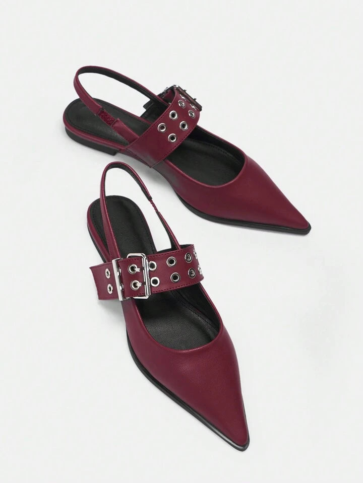 CM-SHS862685 Women Trendy Seoul Style PU Leather Pointed Toe Flat Shoes With Back Strap - Burgundy