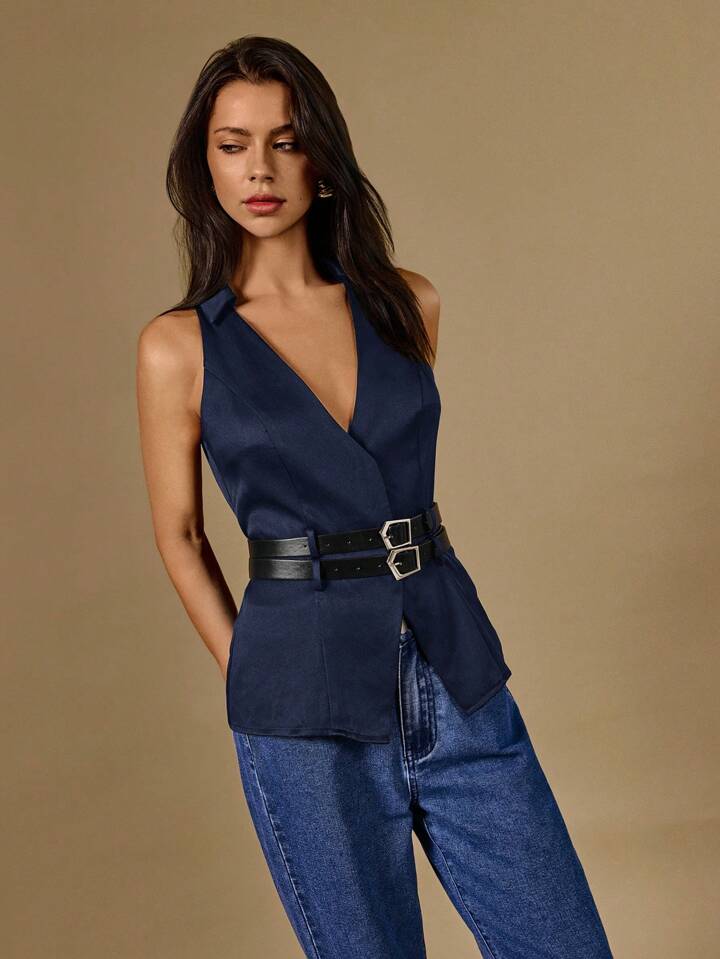 CM-TS215388 Women Casual Seoul Style Solid Color V-Neck Belted Sleeveless Blouse - Navy Blue