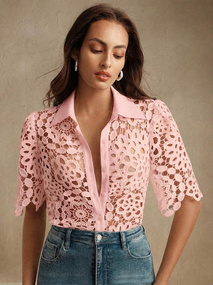 CM-TS474111 Women Casual Seoul Style Collar Neckline Half Sleeve Floral Hollow Out Lace Shirt Blouse - Pink