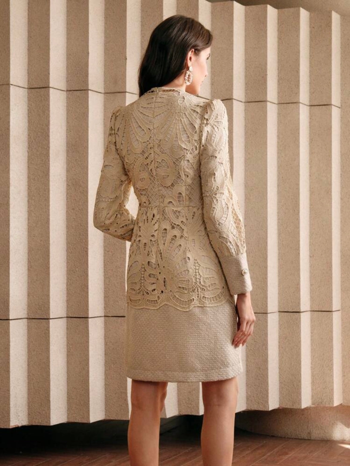 CM-DS588318 Women Elegant Seoul Style Stand Collar Long Sleeve Lace Patchwork Cheongsam Dress - Khaki