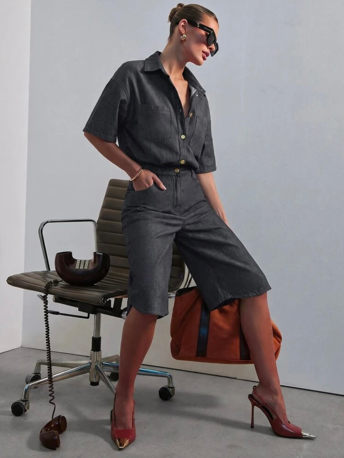 CM-JS853091 Women Casual Seoul Style Collared Short Sleeve Relaxed Denim Jumpsuit - Black