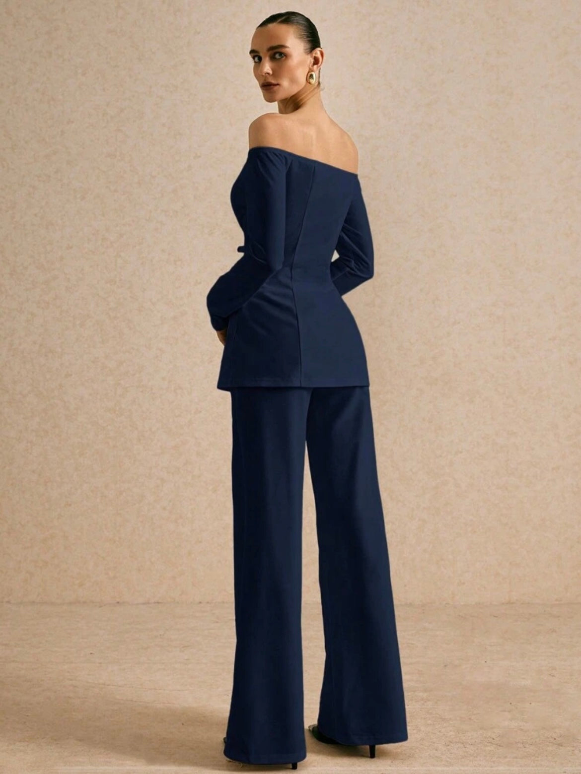 CM-SS319241 Women Elegant Seoul Style Solid Color Off Shoulder Long Sleeve Single Breasted Blazer With Pants - Set