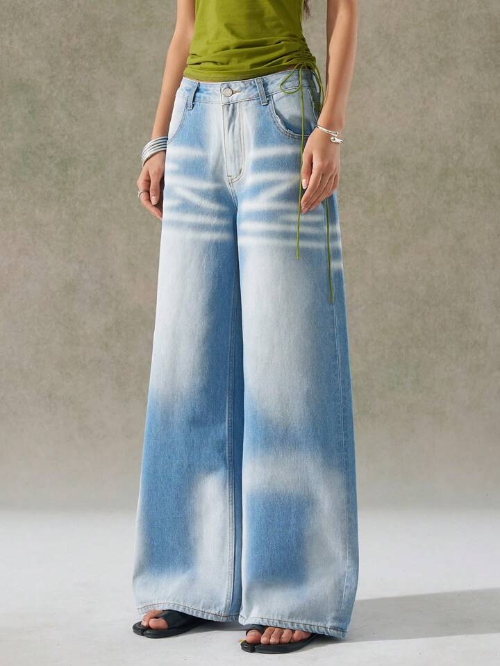 CM-BS636054 Women Casual Seoul Style All-Over Print Washed Distressed Wide-Leg Jeans - Blue