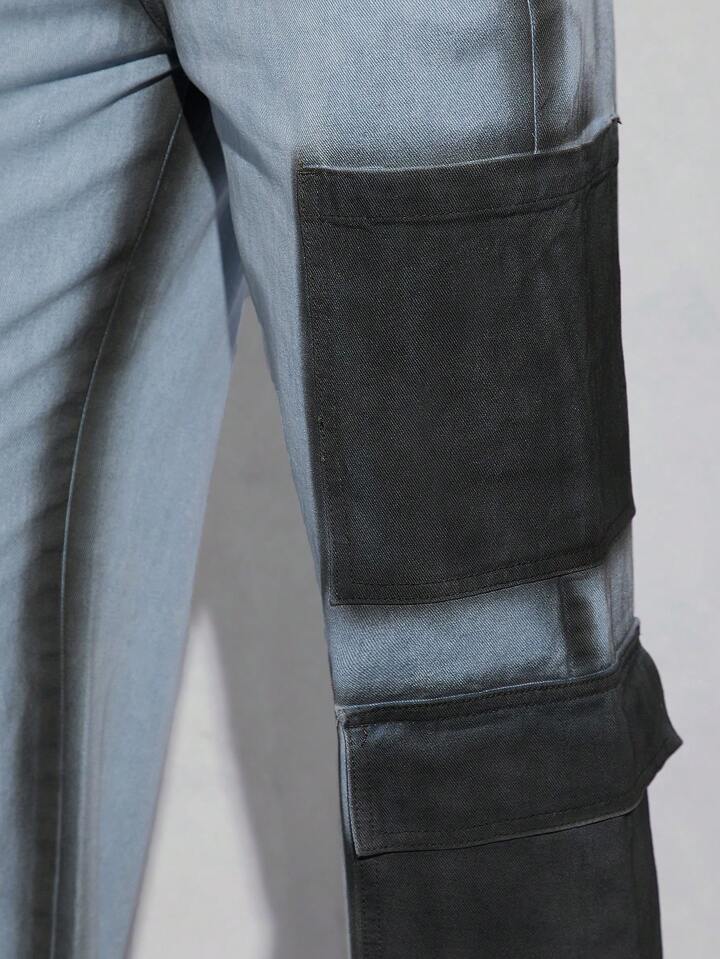 CM-JS191157 Women Elegant Seoul Style Light Wash Colorblock Tube Cargo Denim Jumpsuit