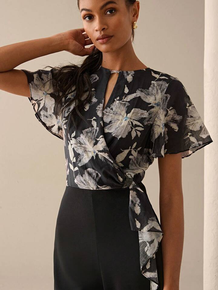 CM-JS668838 Women Elegant Seoul Style Floral Print Patchwork Sleeveless Wide Leg Jumpsuit - Black