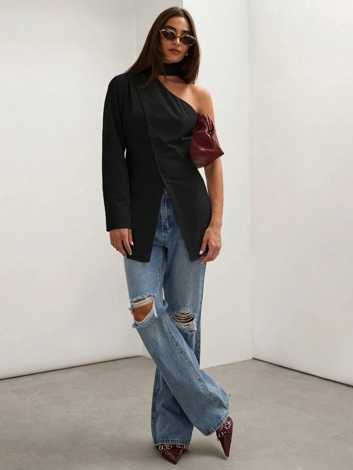 CM-TS888214 Women Casual Seoul Style Asymmetric Collar One Shoulder Long Sleeve Blouse - Black