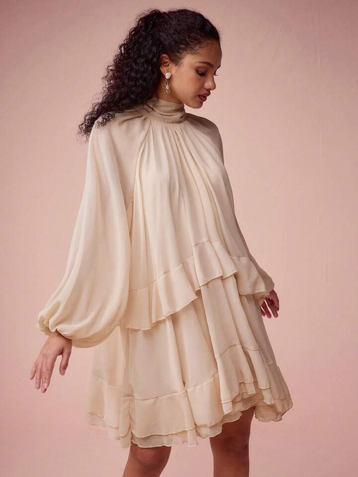 CM-DS462377 Women Elegant Seoul Style Stand Collar Lantern Sleeve Ruffled Short Dress - Apricot