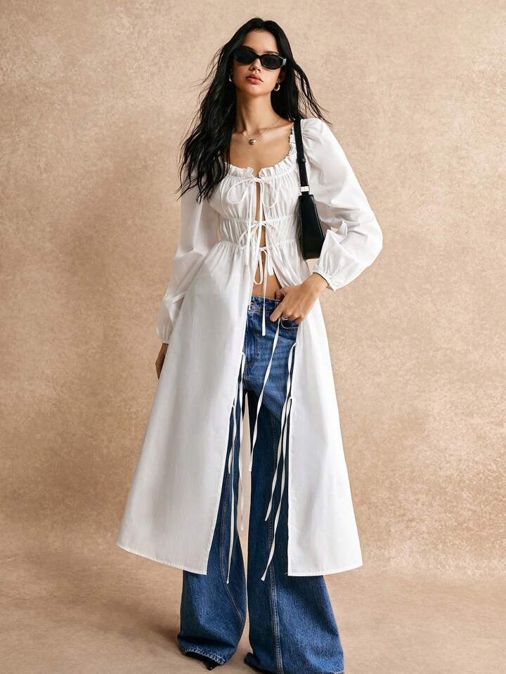 CM-TS147828 Women Casual Seoul Style Lace Up Bowknot Front Lantern Sleeve Long Shirt - White
