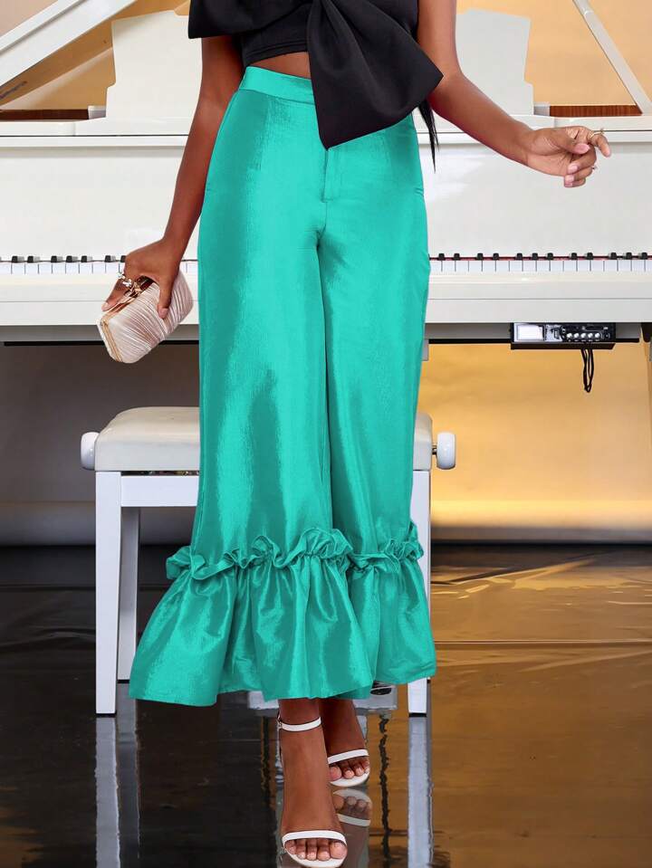 CM-BS112010 Women Elegant Seoul Style Bell Bottom Ruffle Trim Wide Leg Pants - Green