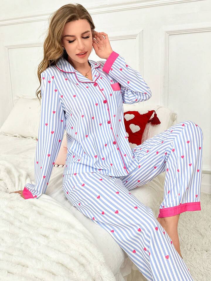 CM-LS499944 Women Trendy Seoul Style Striped Heart Patchwork Cardigan With Pajama Pants Set