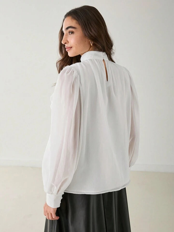 CM-TS119112 Women Elegant Seoul Style Stand Collar Long Sleeve Ruffle Trim 3D Floral Blouse - White