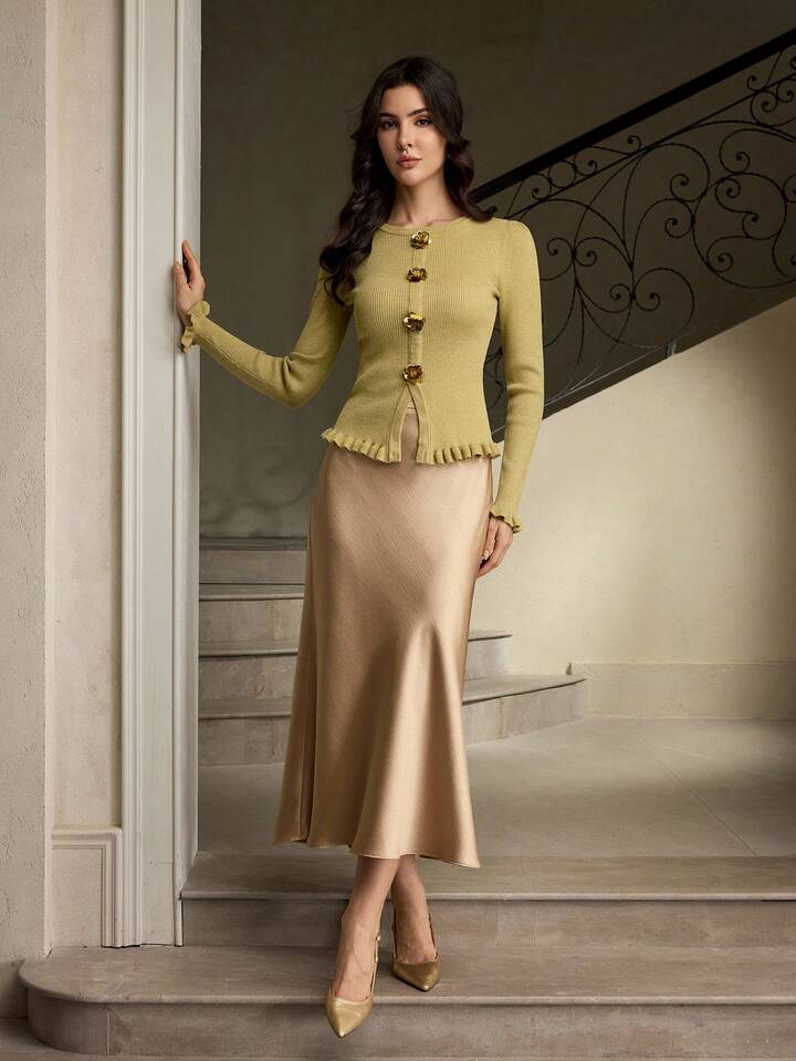 CM-CS588910 Women Elegant Seoul Style Round Neck Long Sleeve 3D Rose Button Decor Pullover Sweater - Gold