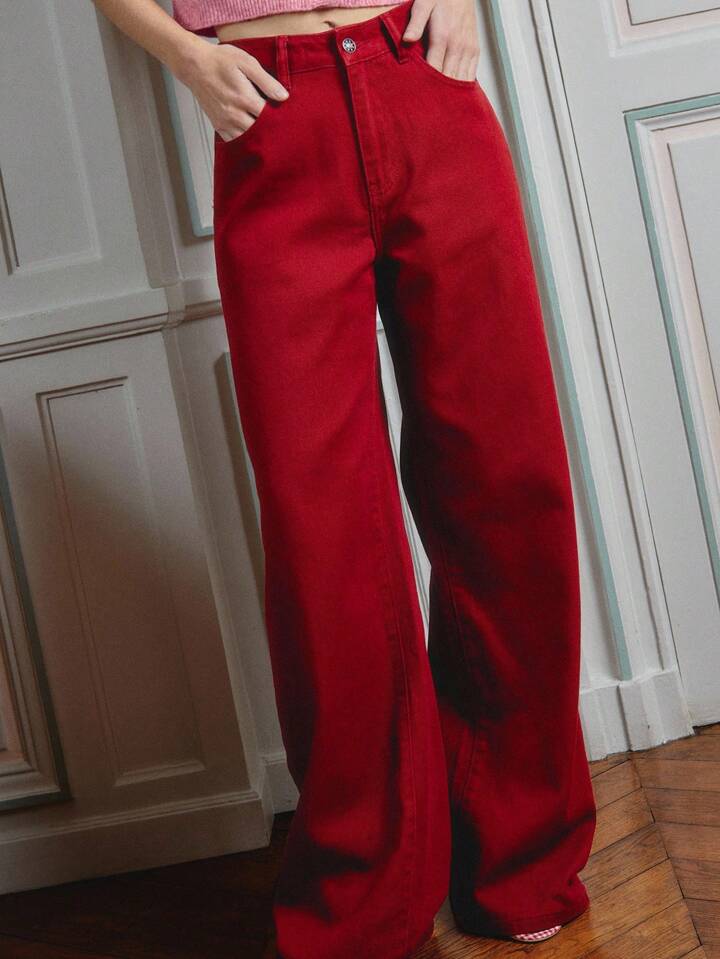 CM-BS311176 Women Casual Seoul Style Mid-Rise Fit Straight Leg Denim Trousers - Red