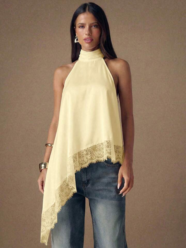 CM-TS451934 Women Elegant Seoul Style Lace Satin Patchwork Sleeveless Trim Backless Camisole Top - Yellow