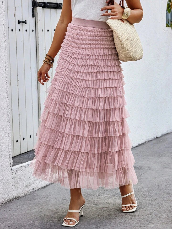 CM-BS003330 Women Casual Seoul Style High Waist Multilayer Mesh Tulle Skirt - Dusty Pink