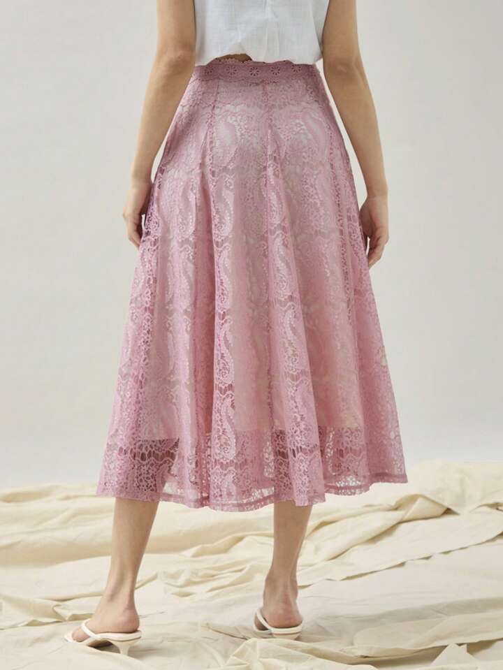 CM-BS666792 Women Trendy Bohemian Style High Waist Lace Pleated A-Line Midi Skirt - Pink