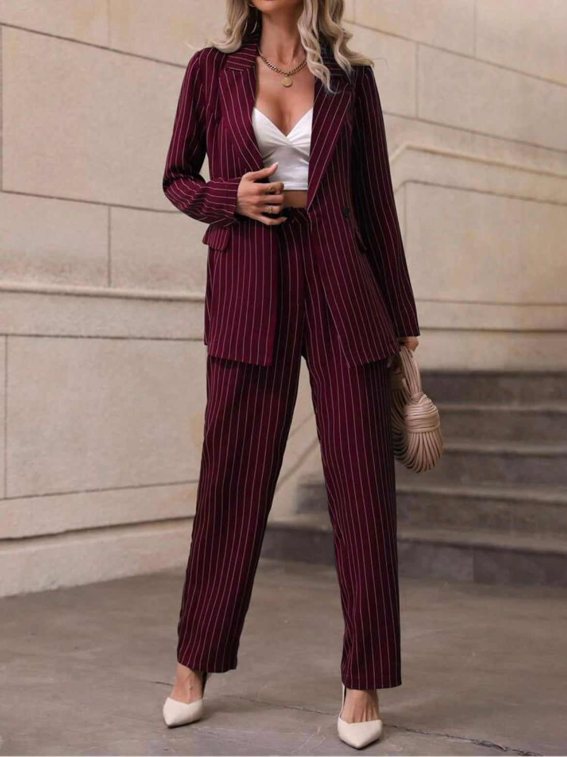 CM-SS510070 Women Elegant Seoul Style Striped Front Button Long Sleeve Blazer With Long Pants - Set