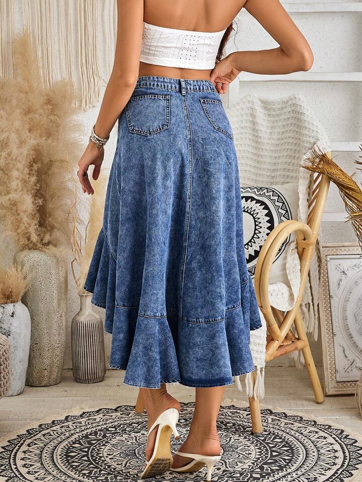 CM-BS531318 Women Casual Seoul Style Medium Wash Loose Irregular Hem Ruffle Skirt Denim Skirt