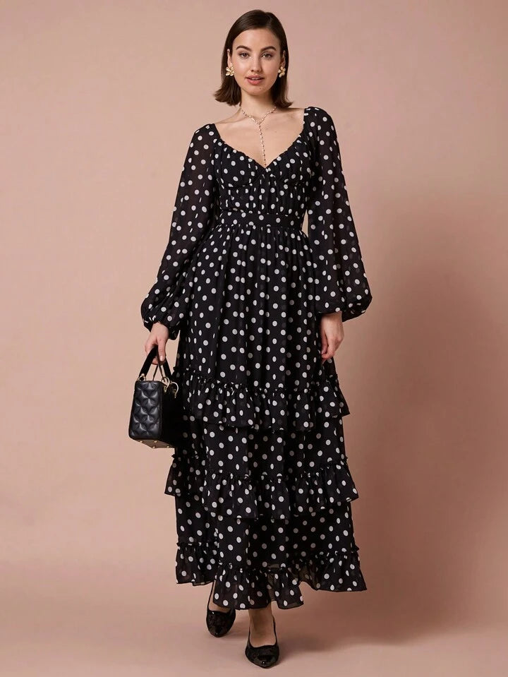 CM-DS108408 Women Elegant Seoul Style Polka Dot V-Neck Puff Long Sleeve Layered A-Line Dress - Black
