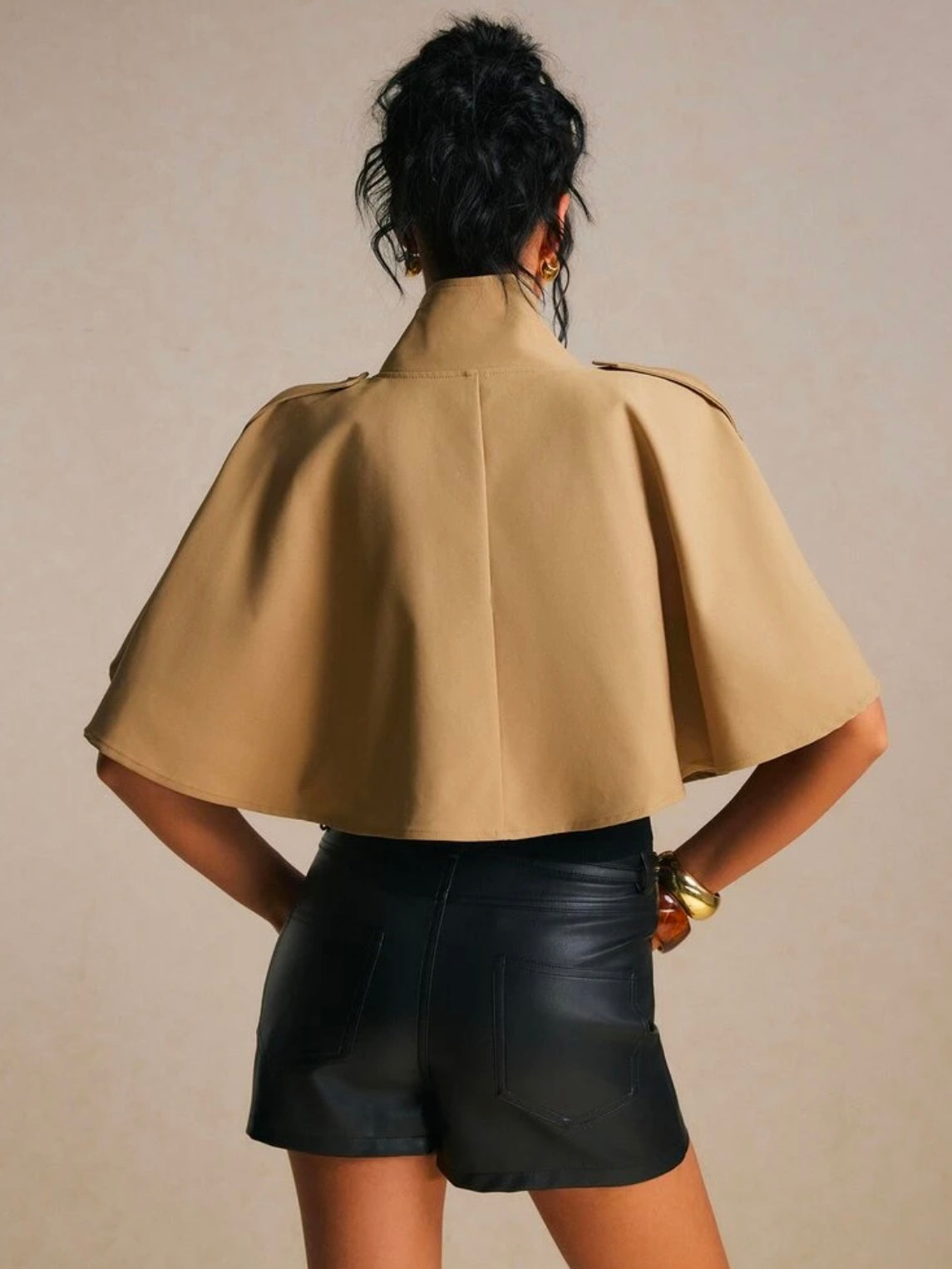 CM-CS799344 Women Elegant Seoul Style Short Sleeve Cropped Double Breasted Cape Trench Coat - Brown
