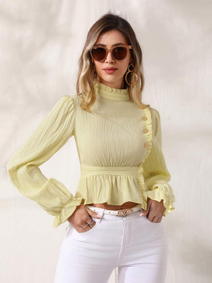 CM-TS532391 Women Elegant Seoul Style Stand Collar Ruffle Hem Long Sleeve Shirt - Yellow