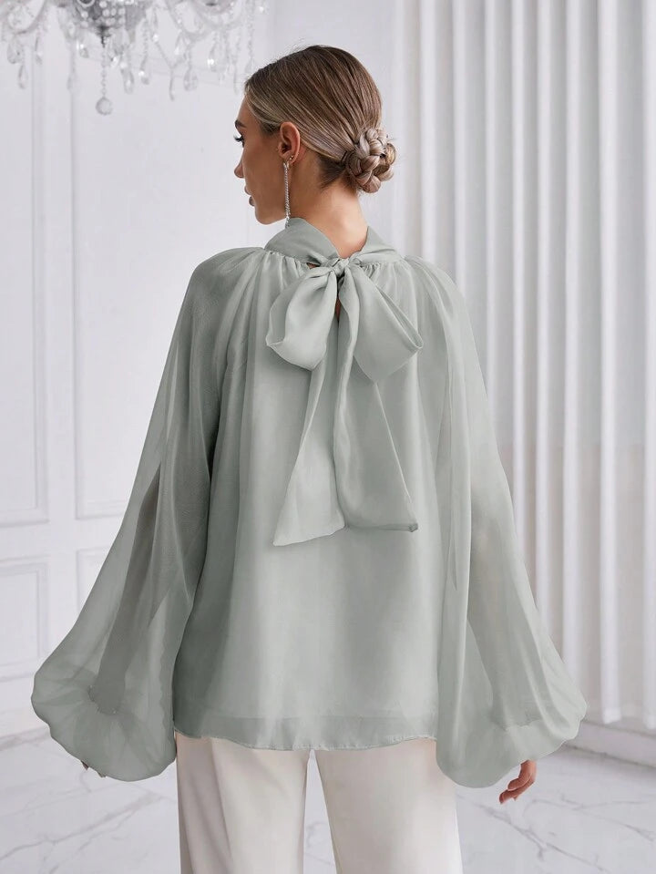CM-TS993626 Women Elegant Seoul Style High Neck Lantern Sleeve Shirt - Light Gray