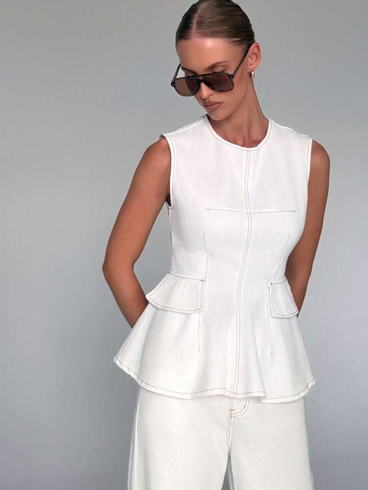 CM-TS493711 Women Casual Seoul Style Round Neck Sleeveless Peplum Denim Top - White