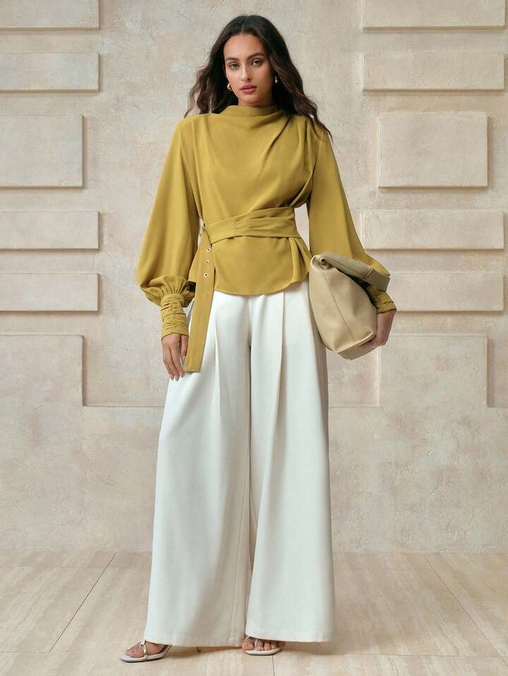 CM-TS912351 Women Elegant Seoul Style Solid Color Swing Lantern Sleeve Asymmetric Ruffle Tie Waist Blouse