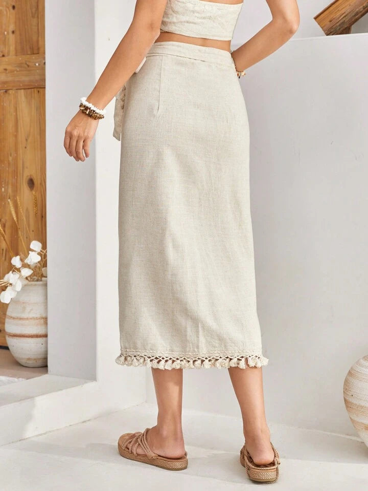 CM-BS583958 Women Trendy Bohemian Style Fringe Hem Side Tie Skirt - Apricot