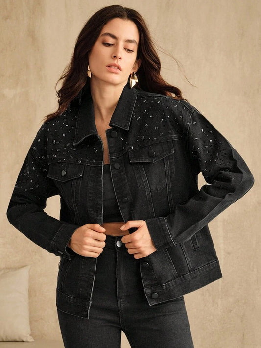 CM-CS798888 Women Casual Seoul Style Collar Neckline Long Sleeve Street-Style Diamond Embellished Indigo Denim Jacket