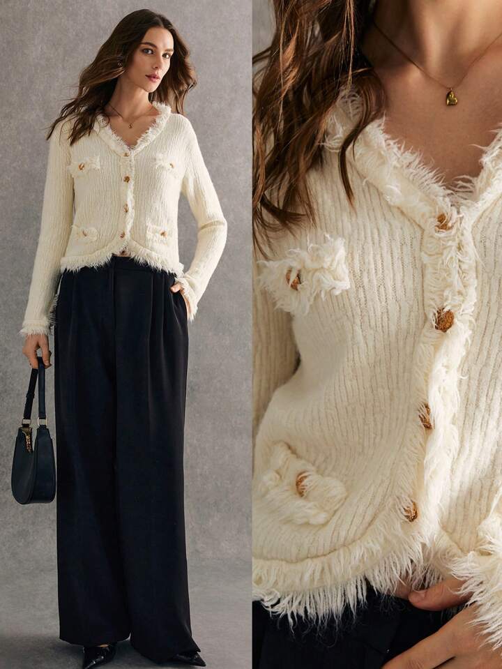 CM-CS640675 Women Casual Seoul Style Metal Buttons Patchwork Fringe Trim Single Breasted Cardigan