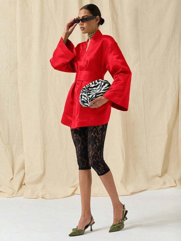 CM-DS752680 Women Elegant Seoul Style Solid Color Deep V-Neck Bell Sleeve Mini Dress - Red