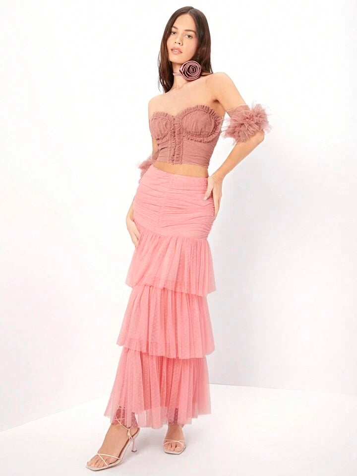 CM-BS236668 Women Elegant Seoul Style High Waisted Mesh Layers Ruffle Trim Skirt - Pink