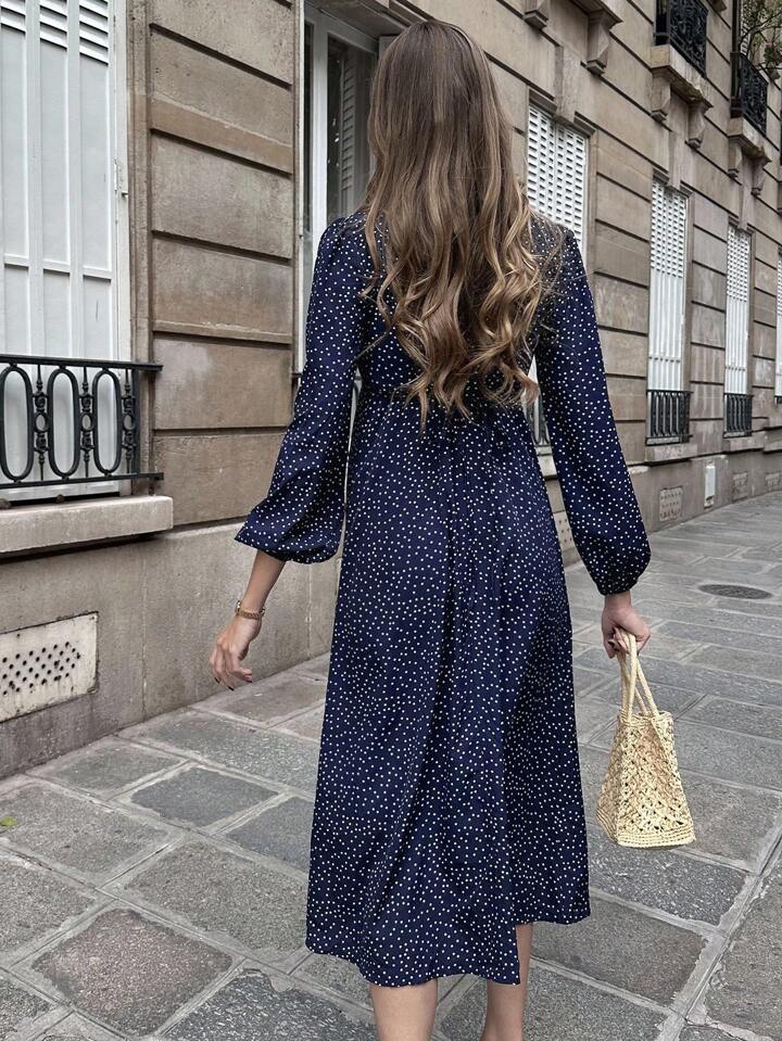 CM-DS251676 Women Casual Seoul Style V-Neck Puff Sleeve Floral Lace Patchwork Polka Dot Dress - Navy Blue